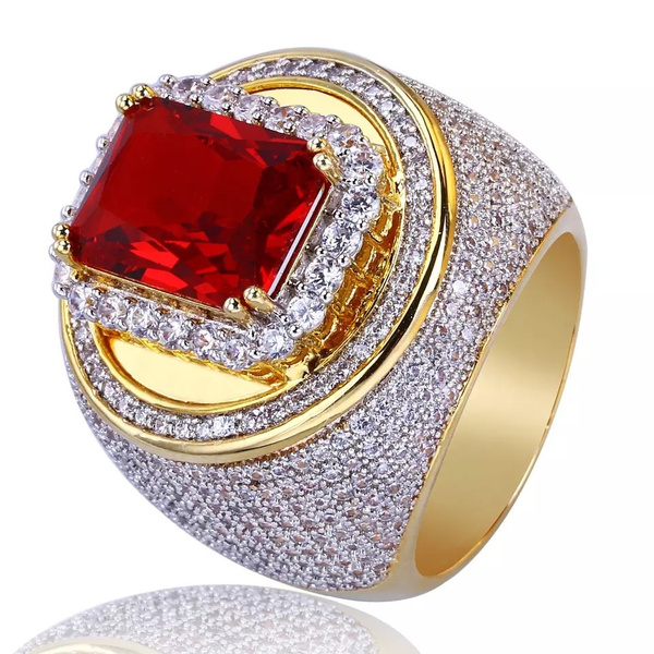 Fashion Men S Iced Out Solitaire Style Ruby Crystal Pinky Band Ring In 18k Yellow Gold Filled Wish