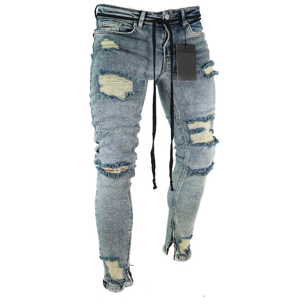 Jamickiki 2023 Spring Casual Design Mens Skinny Broken Hole Ripped Beggar  Jeans for Men, Hip Hop Street Style Denim Pants, Sport Denim Trousers.