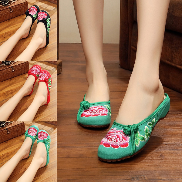 Veowalk Chinese Flower Embroidered Women Silk Cotton Pointed Toe Flat Mules  Slippers Summer Autumn Ladies Slip on Home Shoes - AliExpress