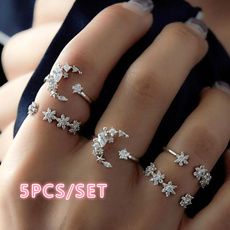 5Pcs/set Vintage Moon Star Adjustable Rings Set 925 Sterling Silver Crystal Women Wedding Party Rings Set