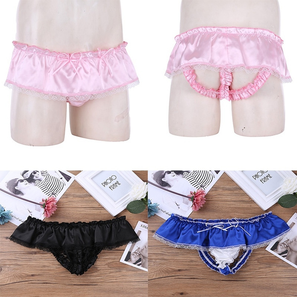 Mens Lingerie Soft Shiny Satin Ruffled 3 Bum Straps Skirted Panties Sissy  Lace Briefs Underwear