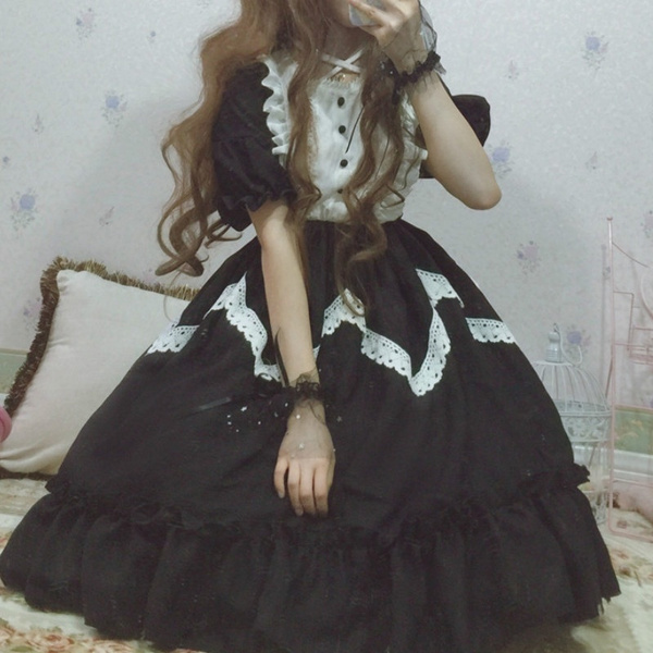 Women French Maid Lolita Dress Lace Ruffle Puff Sleeve Big Swing Skirts ...