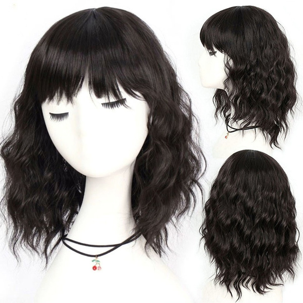 Synthetic Wigs Black With Bangs Women Short Wavy Wave Hair Wig Natural Heat Resistant Corn Wig Wish