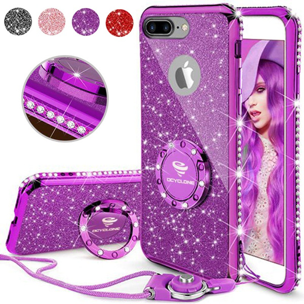 For iPhone 8 Plus, iPhone 7 Plus Glitter Cute Phone Case Girls Kickstand  Purple