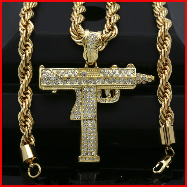 Gold Plated Cz Uzi Gun Pendant 9mm 
