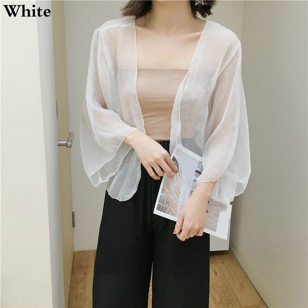 Women Kimono Open Cardigan Sheer See Through Jacket Mesh Shiny Coat ...