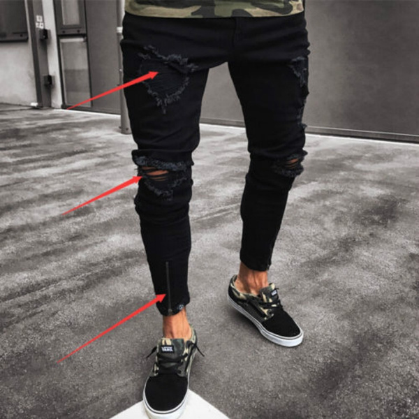 Men’s Fashion Ripped Jeans Skinny Destroyed Jeans Frayed Slim Pant Denim Zipper 