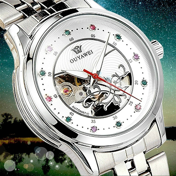 OUYAWEI Women Automatic Mechanical Skeleton Watches Woman Silver Stainless Steel Dress Ladies Girls Wrist Watch Clock Montre with Gift Box