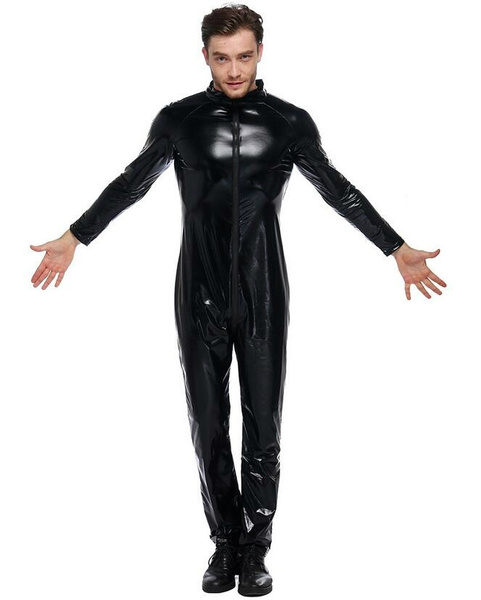 S-XXXL Men Black Sexy PVC Latex Jumpsuit Fetish Open Crotch Zipper