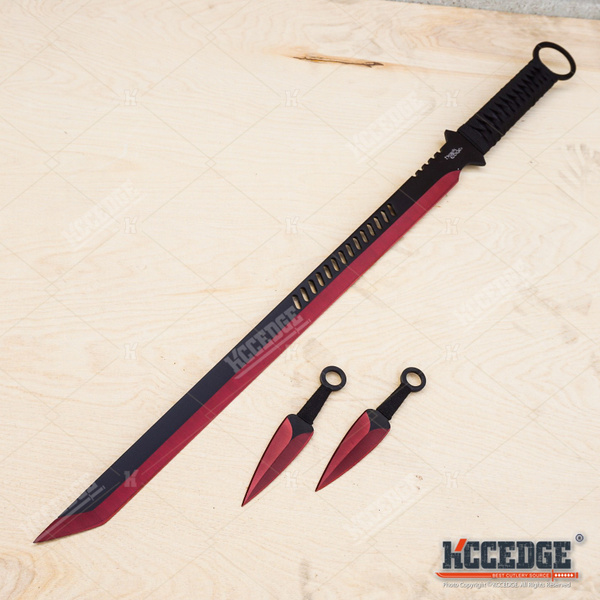 27" Ninja Sword Machete Full Tang Tactical Blade w/ 2 throwing Knives Red 