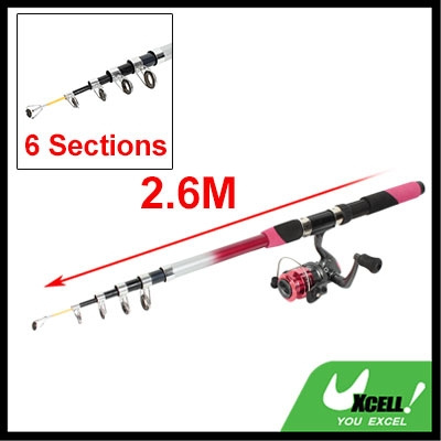 US Seller) 2.6M Long 6 Sections Fuchsia Telescoping Fishing Rod Pole w Spinning  Reel
