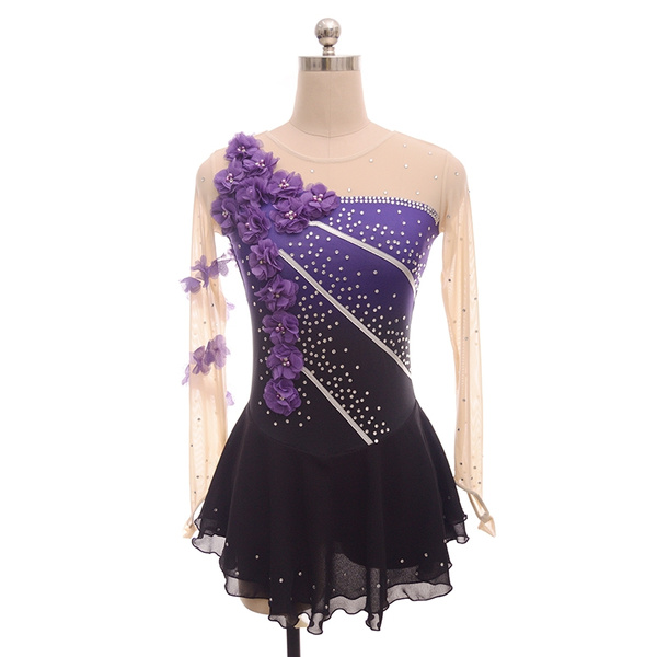 NEW Girls PURPLE VELVET Floral LILAC LACE Competition FIGURE ICE SKATING DRESS