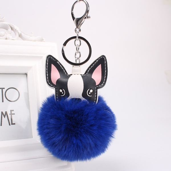 Fluffy Fur Ball French Bulldog Pompom Key Chain Leather Dog