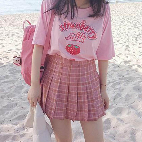 Pink girl Series Strawberry Milk Graphic Summer Fashion 100% Cotton Casual  Tops Korean Style Girl Funny Hipster Short Sleeves Kawaii Cute | Wish