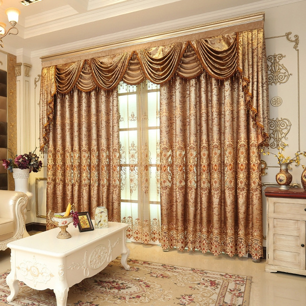 2 Sets European Style Curtain Window Luxury Embroidery Coffee Color Living Room 