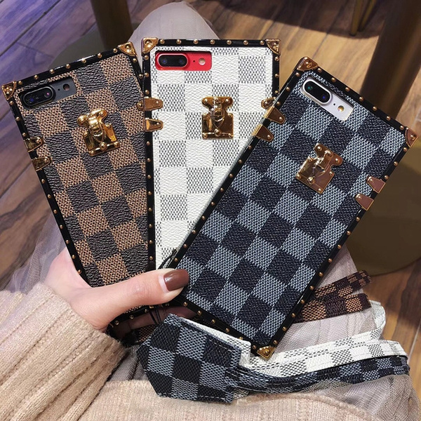 Luxury Square phone Case for iphone 8 case Vintage Lattice leather Soft  back Cover for iPhone X 6 6S 7 8 plus coque with lanyard