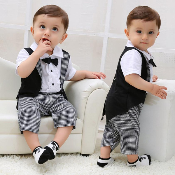 Toddler Baby Boys Fashion Gentleman Bowtie Plaid Swallowtail Romper Short Sleeve Jumpsuit Outfits 