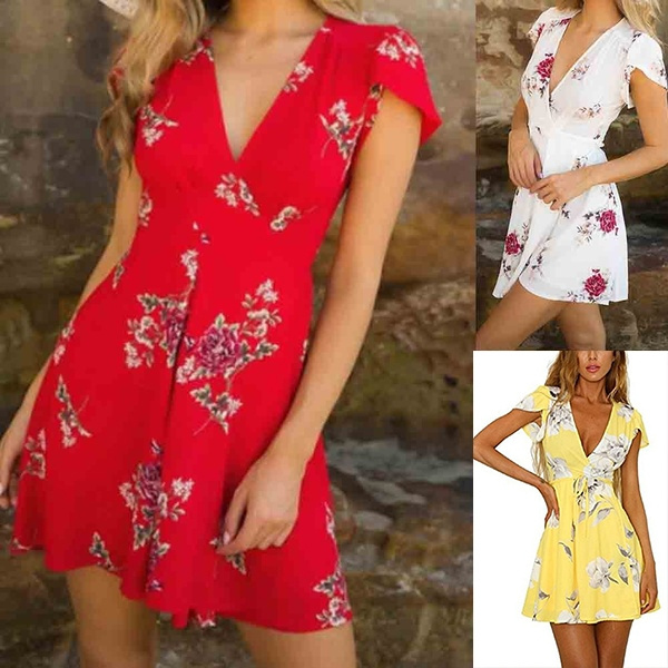 Womens Floral Print Dresses Summer Wrap V-Neck Cap Sleeve Mini Dress Casual Beach Short Sundress