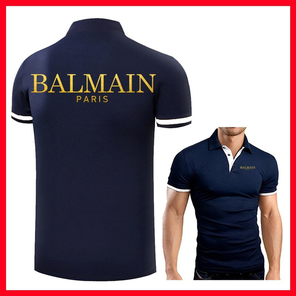 BALMAIN-PARIS Gold Glitter Print Men's Slim Fit T-shirts Contrast Polo Shirt Polo Tee Tops | Wish