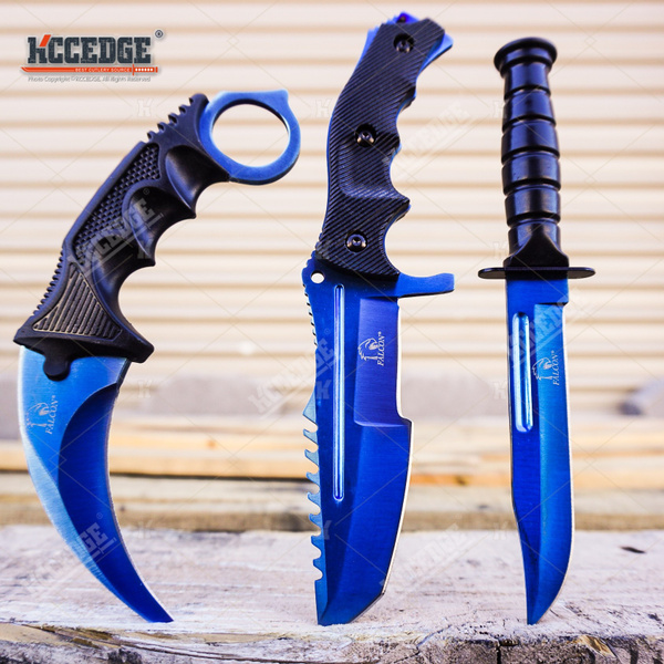 3 Pc Combo CSGO Blue Tactical Fixed Blade Knife Set - Karamb