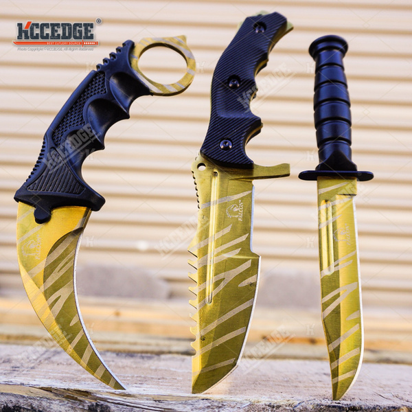 USA SELLER USA STOCK 3PC COMBO CSGO Tactical Fixed Blade BLUE Knife Set -  Karambit, Huntsman, Combat Knife
