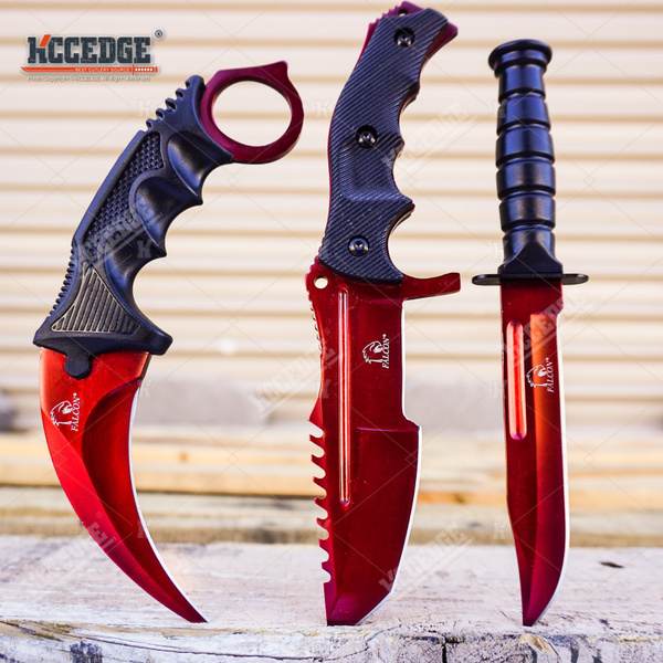 USA SELLER USA STOCK 3PC COMBO CSGO Tactical Fixed Blade RED Knife Set -  Karambit, Huntsman, Combat Knife