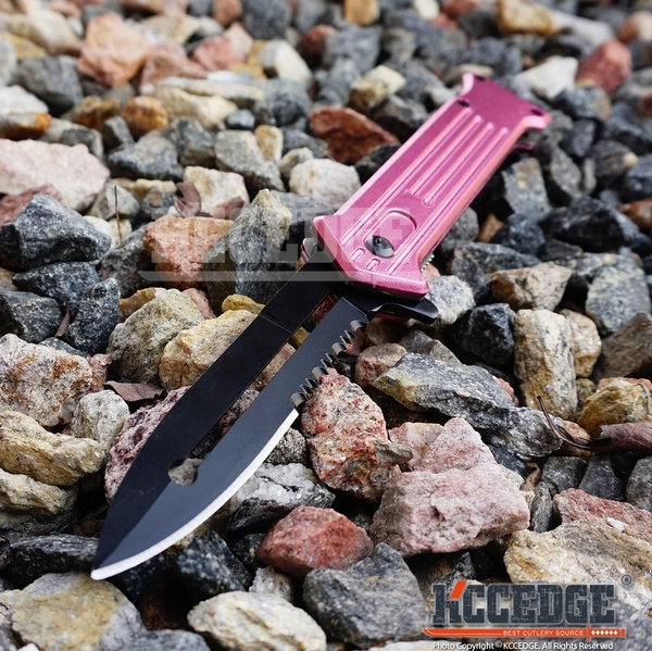 Pink Stiletto Black Stainless Steel Blade  Abs Steel Handle 7.25 inch Edc  Folding Knife