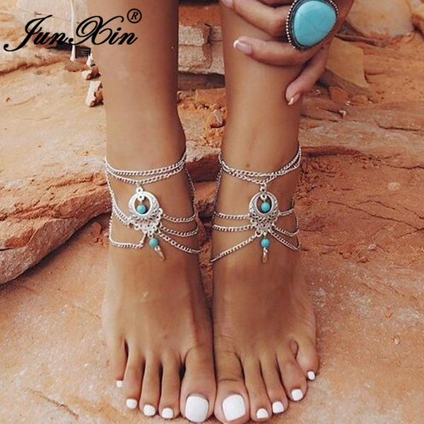 Bohemian Silver Heart Multi Chain Anklet Ankle Bracelet