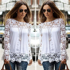 Women Sheer Sleeve Embroidery Lace Crochet Chiffon Shirt