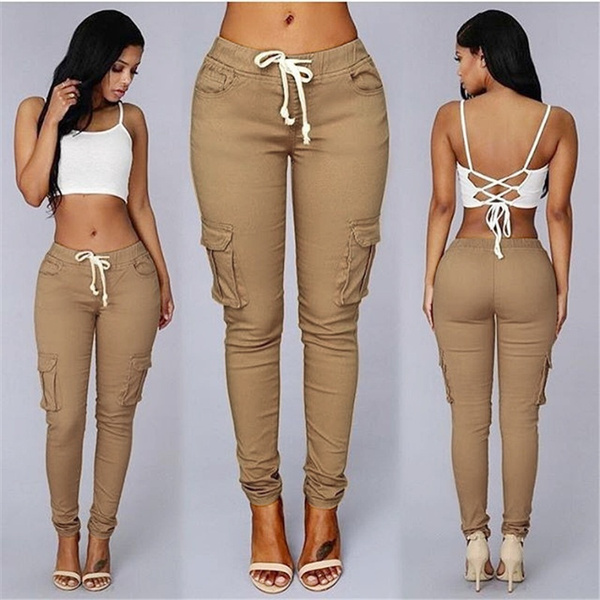 Womens Pocket Jeans Sweet Peach Fashion Rope-Belted Backpackers Womens  Sports Pants Casual Cotton Durable S-4XL ML