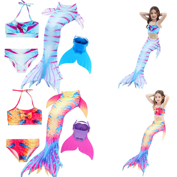 Hifunbay Mädchen Meerjungfrau Schwanz Kinder schwimmbar 5PCS Bikini Schwimmen Kostüm mit Monoflosse und Blumengirlande Stirnband 