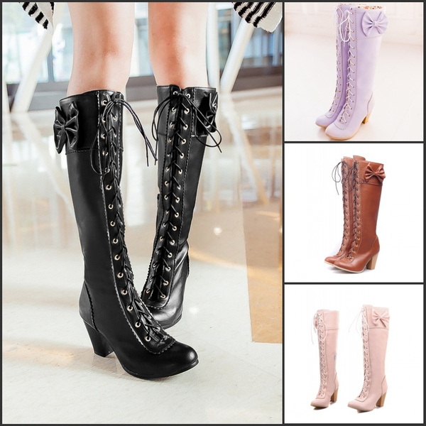Details about   Block Heels Lace up Bowknot Lolita Women Knee high Boots Shoes Cosplay Sweet New