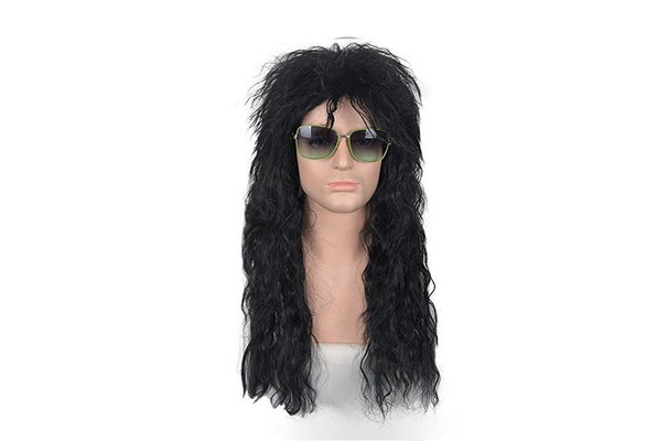 ALLAURA - Wayne Wig with Hat - Costume Wigs for Men 80s Heavy Metal Rocker Wig 1980s Black Mullet Wig - Halloween Costumes for Men