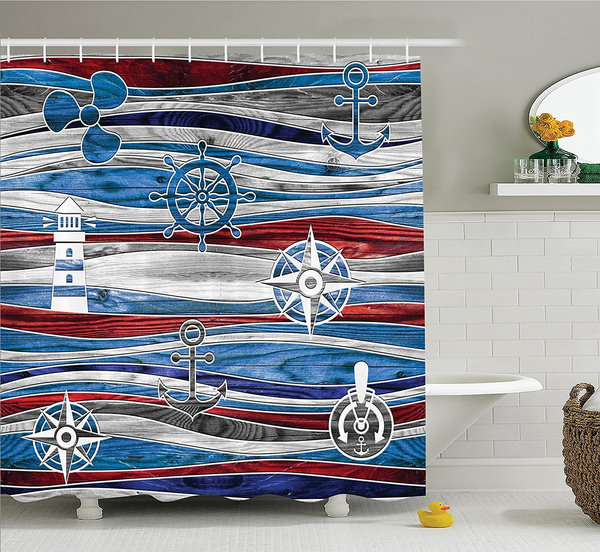 Anchor Decor Collection Shipping Boat Anchor Lighthouse Steering Wheel Compass Waves Background Image Polyester Fabric Bathroom Shower Curtain Set With Hooks Red Navy Blue Grey Wish