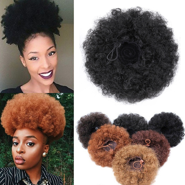 Short Afro Kinky Curly Ponytail Drawstring High Puff Clip In Hair Buns ...