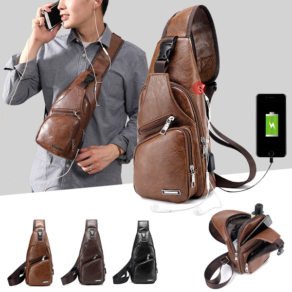 PU Leather Chest Pack Crossbody Handbag Mens Sling Shoulder Bag Travel Backpack 