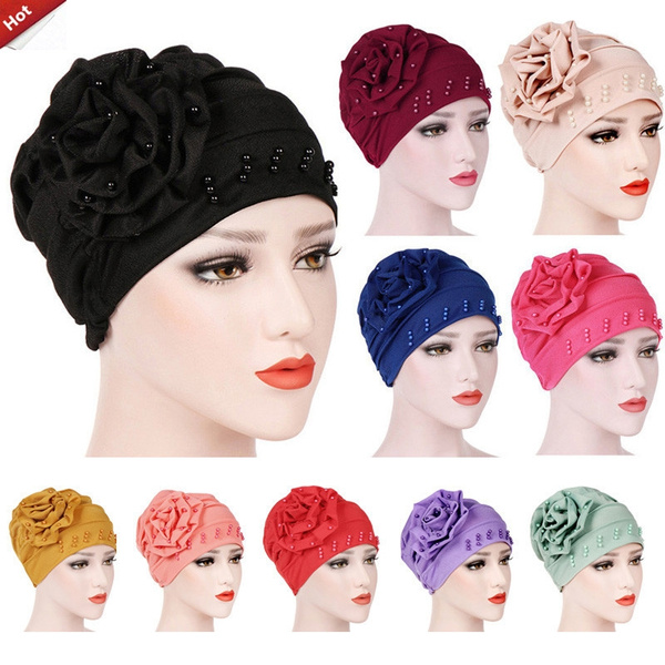 Hot Sale!!!10 Colors Women Beading India Hat Muslim Ruffle Cancer Chemo ...