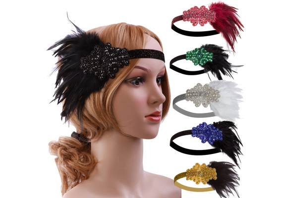 1920s Headband Feather Vintage Bridal 20s Gatsby Flapper Headpiece Gangster 20's 
