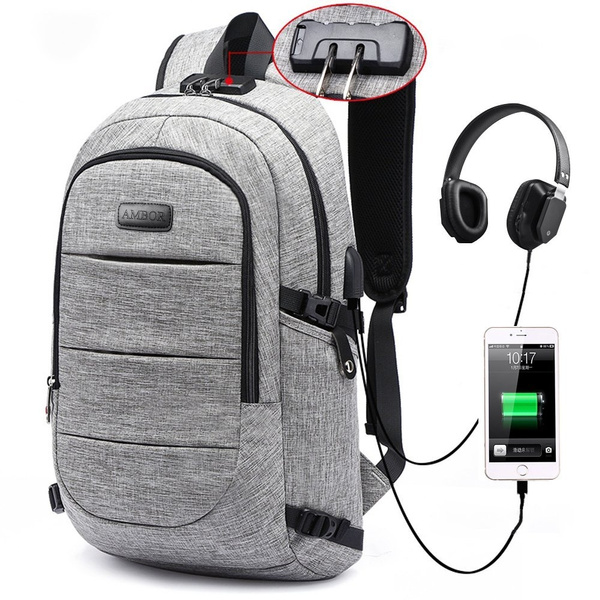 anti theft waterproof classic backpack with usb charging port headphone interface wish