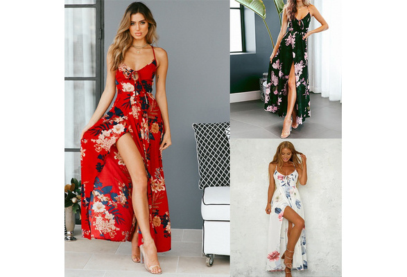 Lace up back plunge clearance neck split floral dress