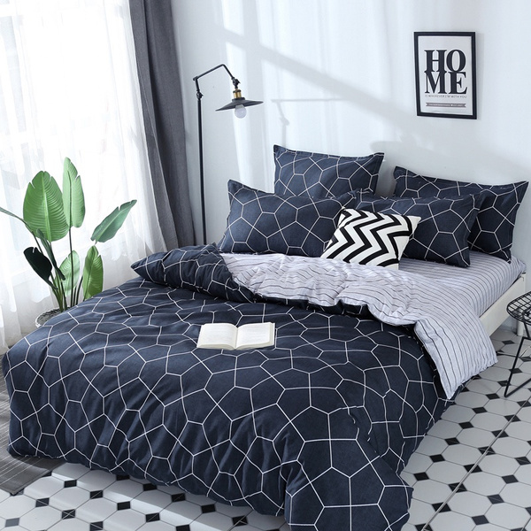 Home Living Bedding Set Dark Blue Geometry Cotton Bed Sheet And Pillowcases Duvet Cover Twin Full Queen King Size 4pcs Wish Duvet Cover Set Twin Full Queen King, Dark Blue King Size Bedding