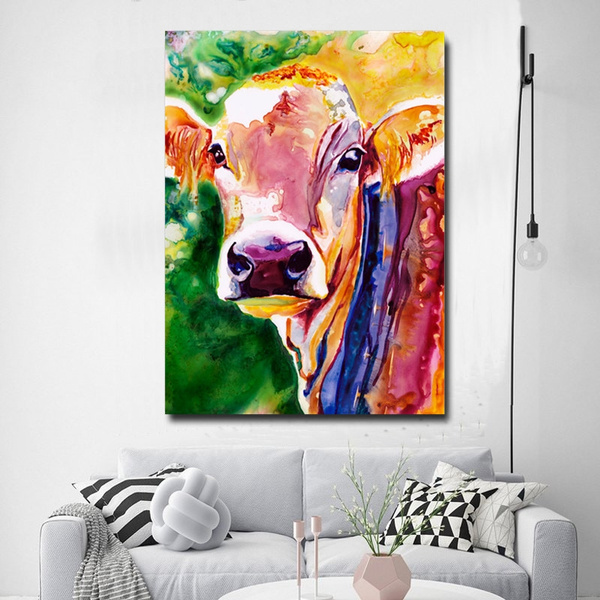 Canvas Art Watercolor Cow Painting Picture Modern Home Decor Colorful Head Oil On For Living Room Wall Mural Wish - Colorful Cow Painting Watercolor