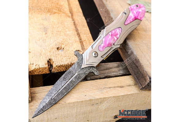 Damascus Pocket Knife Rose Pink Titanium Carbon Fiber Handle VP64