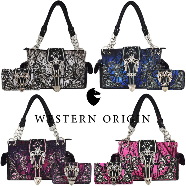 Camouflage Buckle Western Concealed Carry Purse Women Country Handbag Wallet Set 