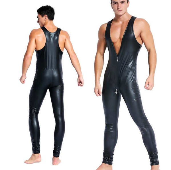 Red Black Latex Catsuit for Men Faux Leather Bodysuit Bodycon ...