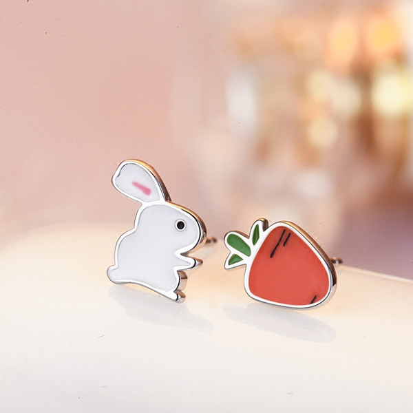 Cute Silver Color Bunny Rabbit Carrot Stud Earrings For Women Creative Cartoon Earrings Gifts Girl Kids Wish