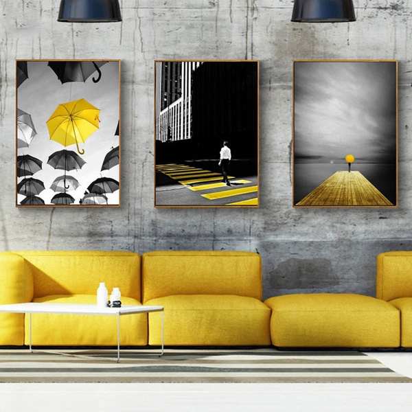 Watercolor Modern Black And Yellow Paintings Umbrellas Ter In Sky Hd Unframed Canvas Poster Wall Art Print Picture For Room Home Decor Wish - Yellow And Grey Home Decor