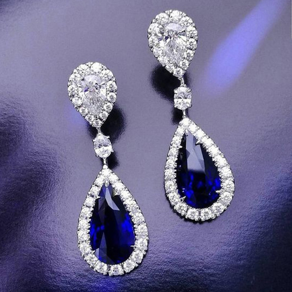 Vintage Elegant Women 925 Sterling Silver Blue Sapphire Diamond Dangle ...