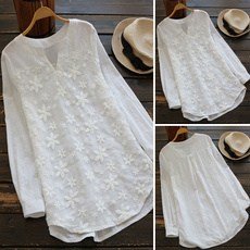  Women Fashion  Summer  V Neck Loose Lace Long Sleeve  Casual Cotton Blouse Solid Color Tops
