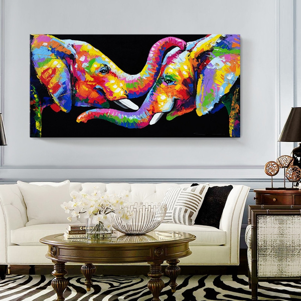 Large Colored Drawing ANIMAL art Colorful Elephant paintings on canvas  abstract elephant play Painting for living room decor wall painting  size:50cm * 100cm | Wish